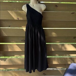 One-Shoulder Black Midi Dress with Smocked Bodice